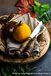 Rustic autumnal table setting with mini squash and leaves bGj6a4