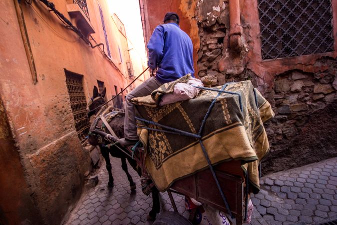 Back view of a man riding a carriage with a donkey in a narrow alley