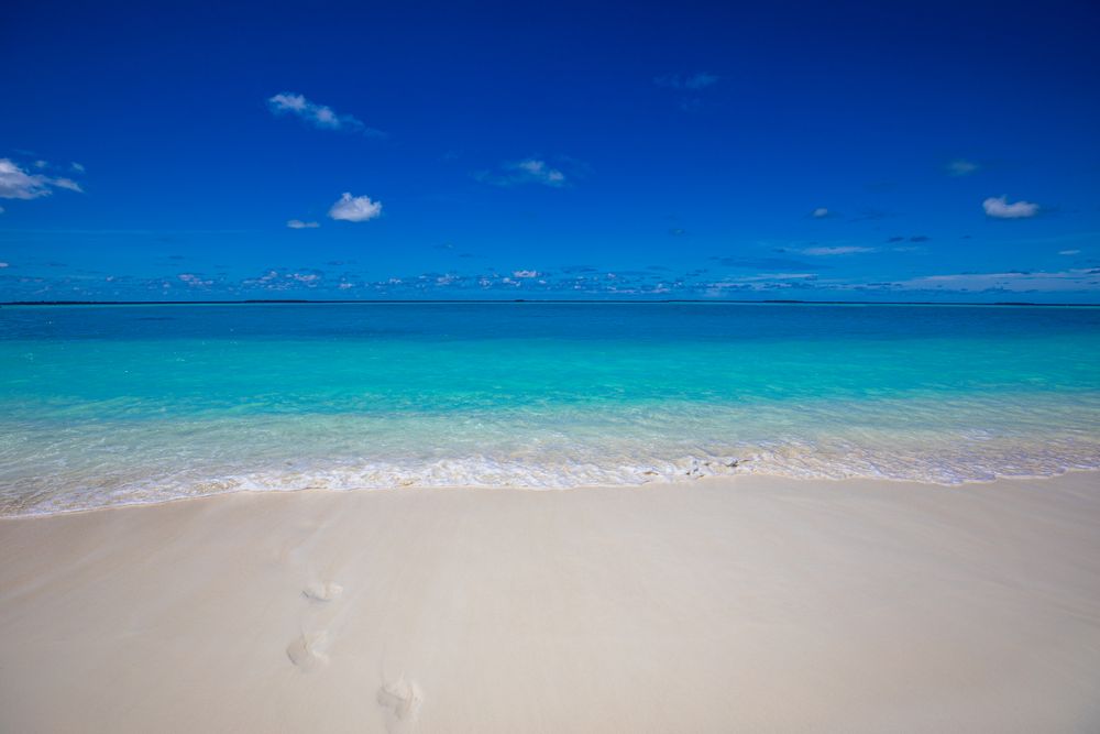 A clear blue beach with footprints