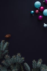 Branches and festive baubles bordering dark background