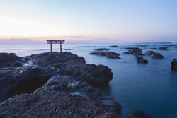 Japanese shrine gate and sea at Oarai city , Ibaraki