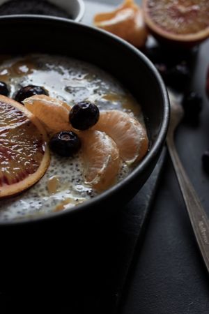 Chia seeds pudding with citrus in bowl