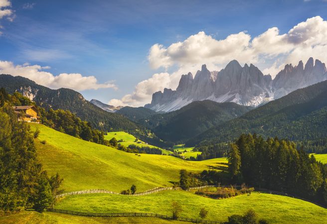 Funes Valley aerial view and Odle mountains, Dolomites Alps, Italy