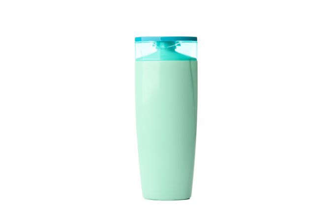Blank plastic shampoo or lotion bottle isolated on light background
