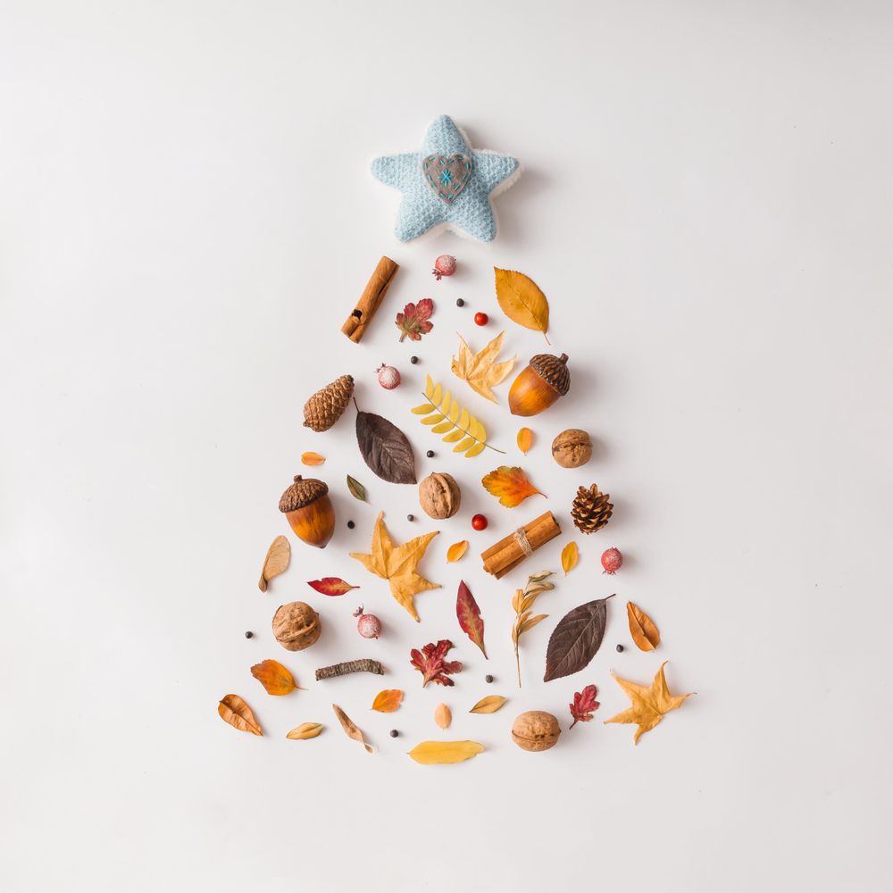 Christmas tree made of various autumn leaves and fruits