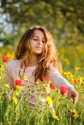 Girl picking flowers in grassy meadow