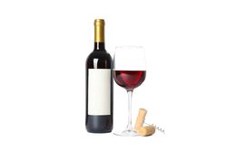 Bottle and glass with red wine, corkscrew isolated on plain background