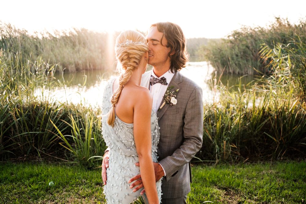 Happy newly wedded couple delighting in event at nature