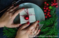 Hands reaching for Christmas present in center of plate 5r6M15