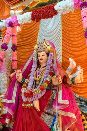 A beautiful idol of Maa Durga being worshipped at a pandal during Navratri in Mumbai, India