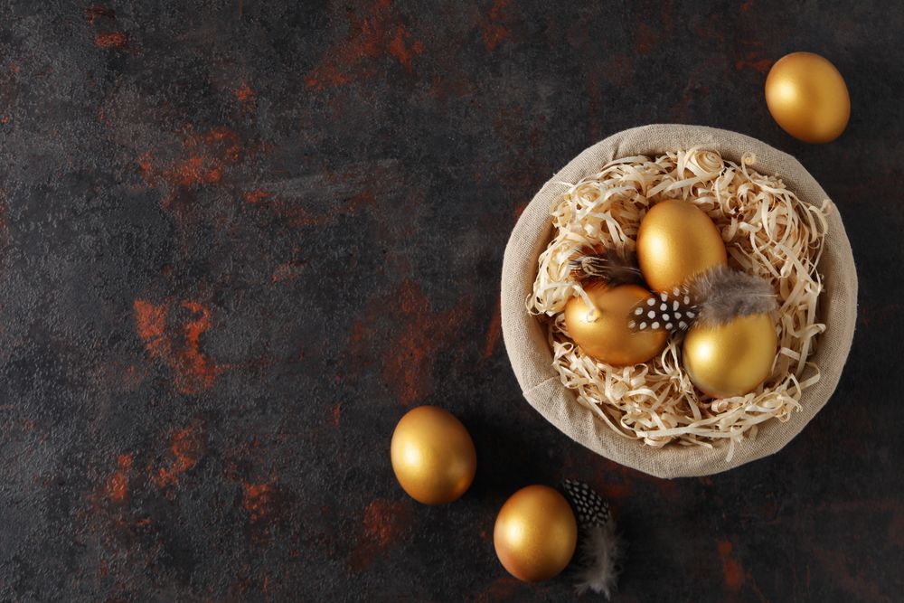Pension rewards, returns and investment funding concepts, golden eggs