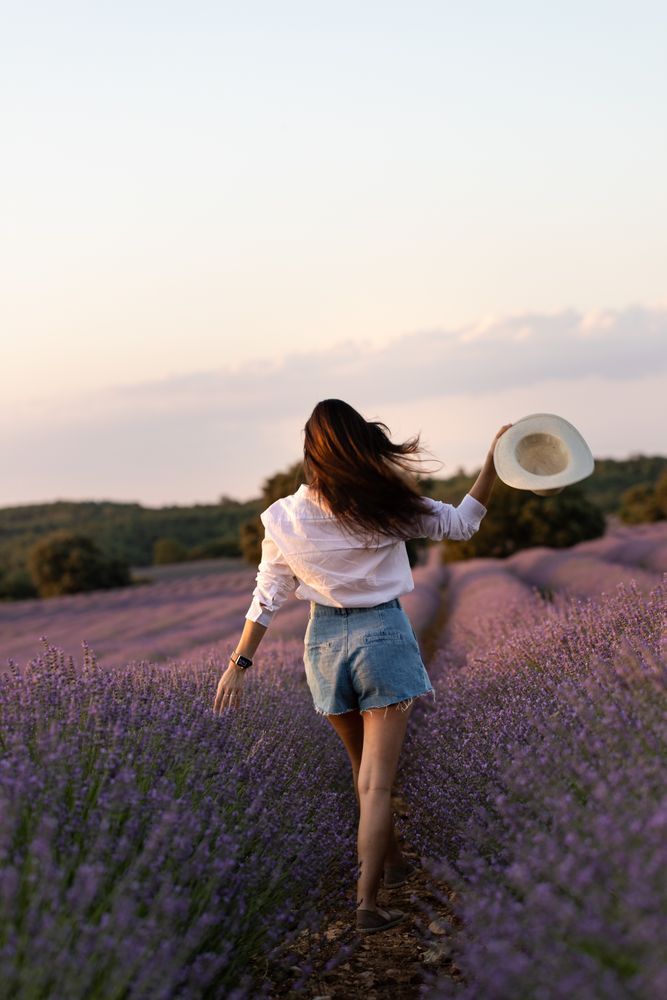 Anonymous woman walking in lavender field