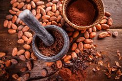 Top view of cocoa beans with mortar