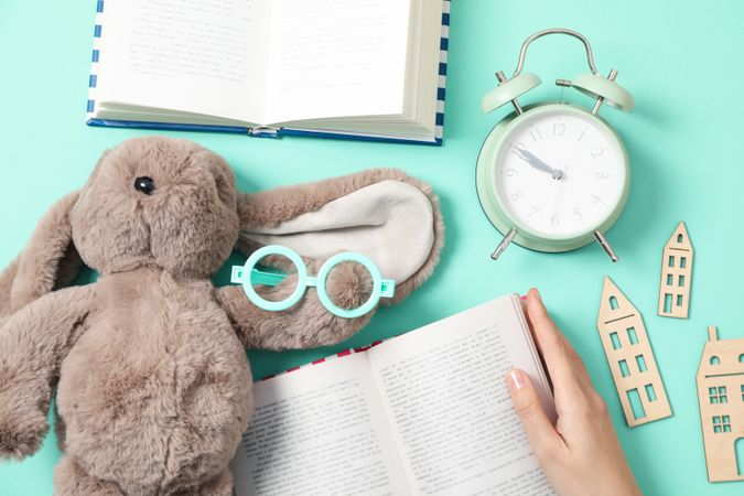 Concept of baby book or books for children, top view