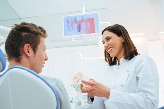 Smiling dentist and assistant showing structure of teeth on prosthesis to client in chair