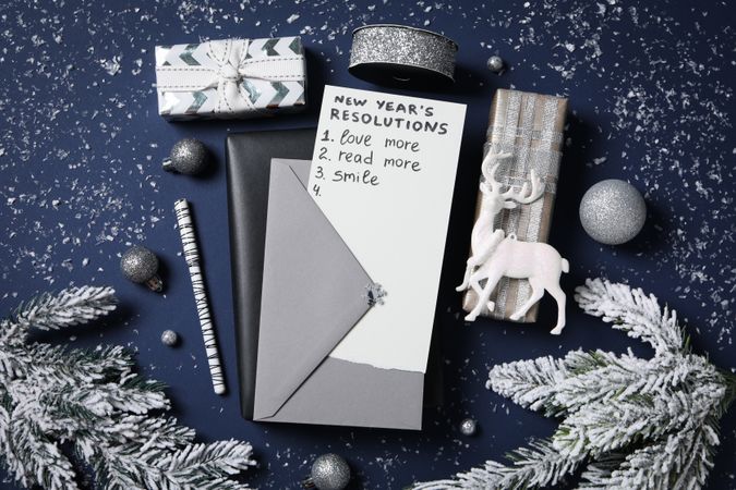 Concept of New Year Resolutions list, new year goals, top view