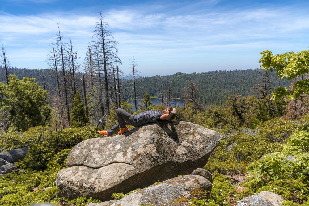 Relaxed hiker resting on big rock in forest