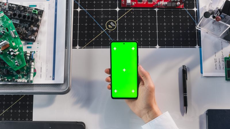 Entrepreneur Holding a Modern Mobile Device in Front of a Camera. Computer with Green Screen Chroma Key Template for Digital Marketing, Promotion of Online Services, Industrial App, Technical Software