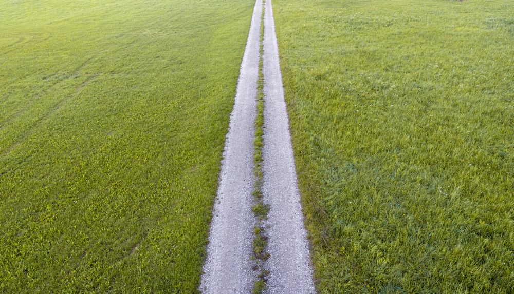 Green grass meadow aerial view with a countryside road passing through