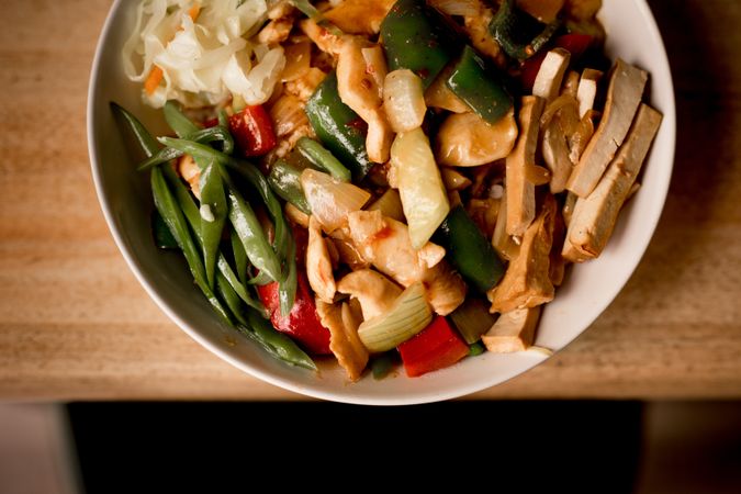 Bowl of prepared tasty vegetarian dish in cafe