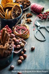 Christmas food concept or dried slices, nuts and cinnamon 5kL8P4