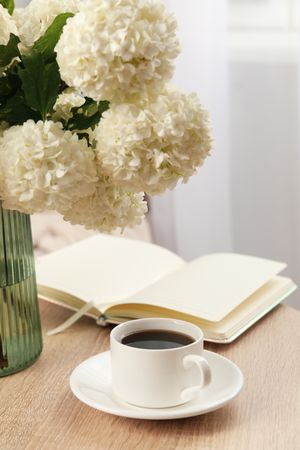 Composition with hydrangea flowers indoor. Spring plant