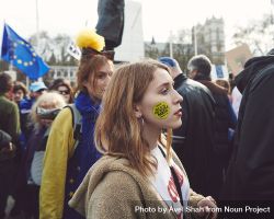 London, England, United Kingdom - March 23rd, 2019: Woman in protest with sticker on face 5XrJQb