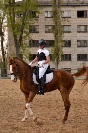 Focused dressage rider on chestnut horse in urban setting