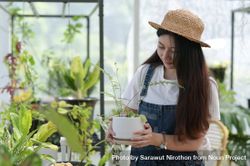 Asian woman working in a green house moving around a pot bxo6B4