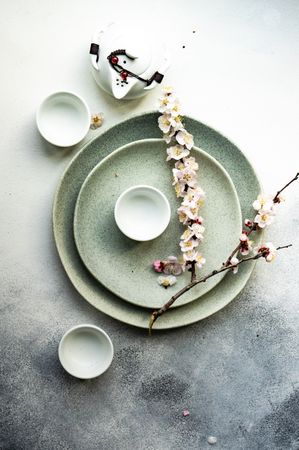 Top view of table setting of apricot blossom branches on elegant ceramic plates with tea pot