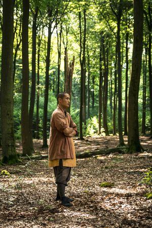 Asian man practicing martial arts in forest