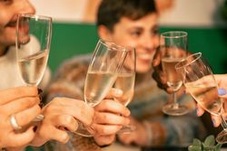 Group of friends toasting with champagne during a festive holiday dinner.