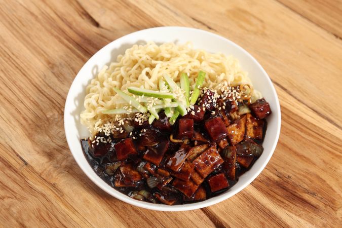 Jajangmyeon or Jjajangmyeon, Korean Noodle with Black Sauce on Plate
