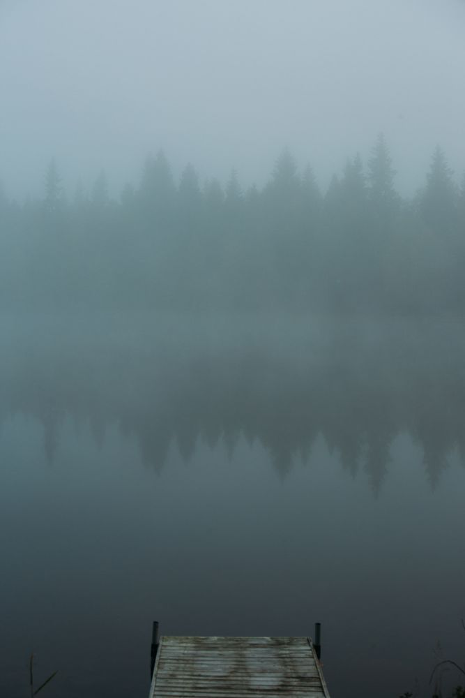 Old pier near lake on misty day