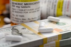 Prescription Medicine Bottles and Pills Next To Stacks of 100 Dollar Bills.