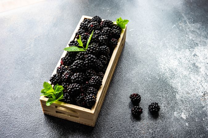 Box of blackberries on grey counter