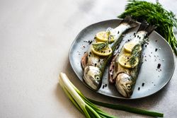 Two trout fish ready for cooking with lemon, onion and herbs