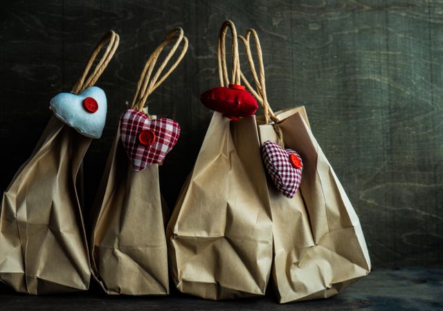 Gift bags with tartan heart ornaments 