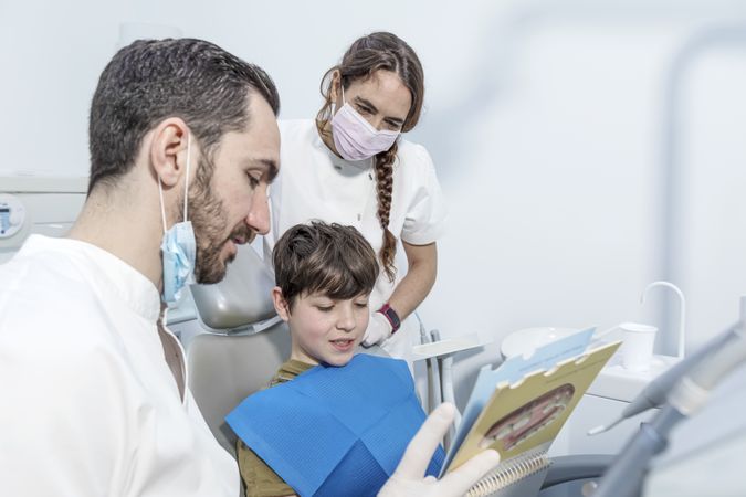 Male dentist shows dental diagram to little boy during examination