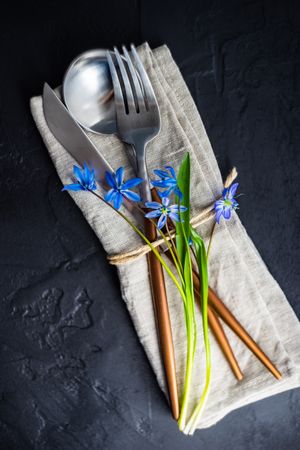 Blue scilla siberica over silverware wrapped in napkin