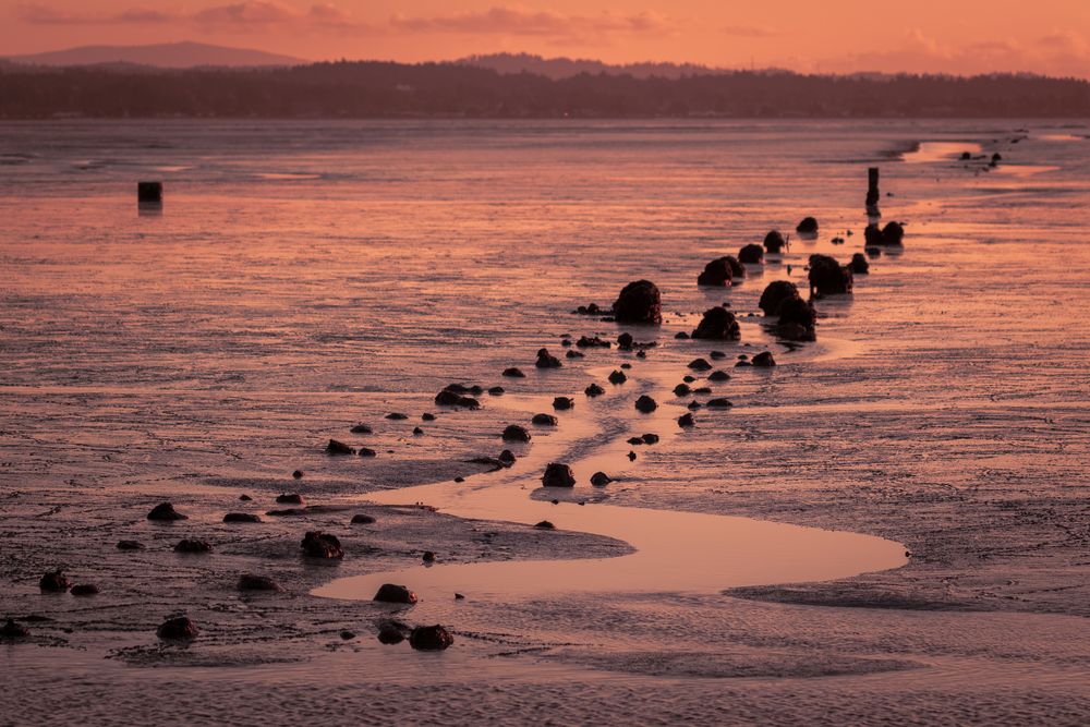 Rocks in the ocean over orangey dusk sky