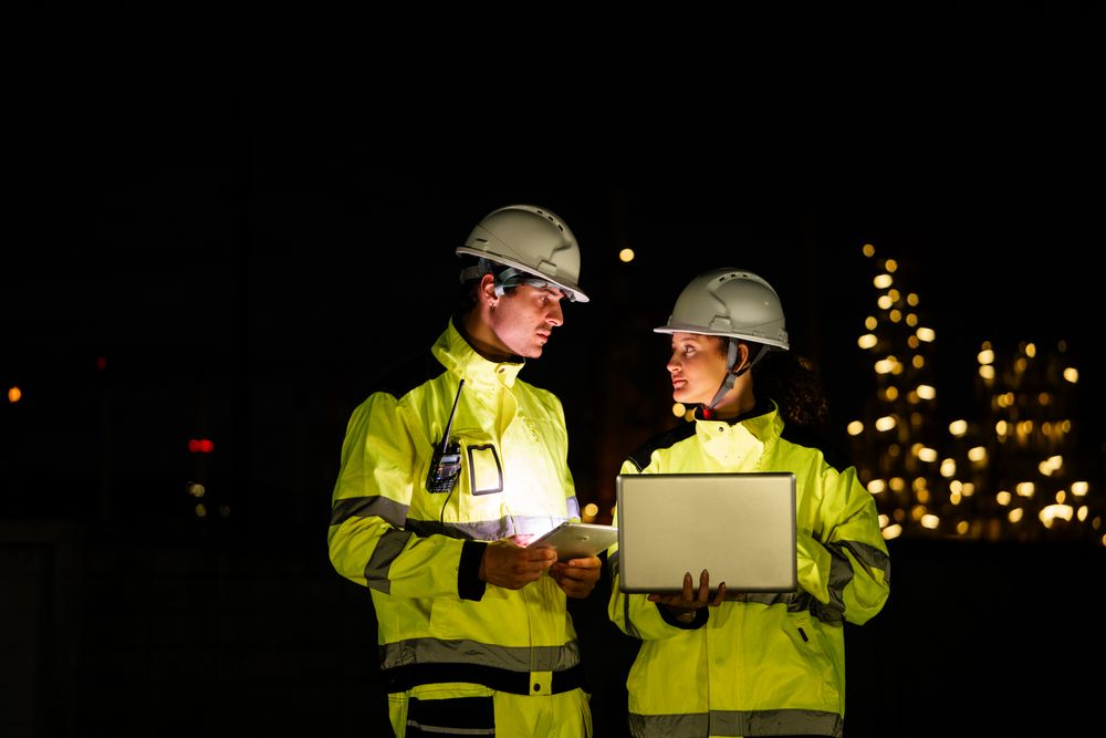 Engineer worker watching work monitor on laptop at refinery oil factory at night
