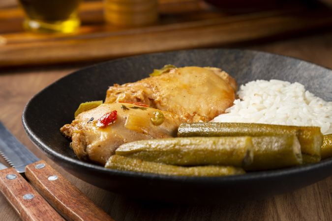 Chicken with okra and rice. Typical Brazilian dish.