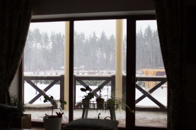 Snow fall view from inside the living room