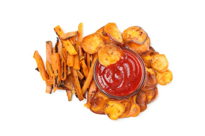 Fried sweet potato, isolated on light background