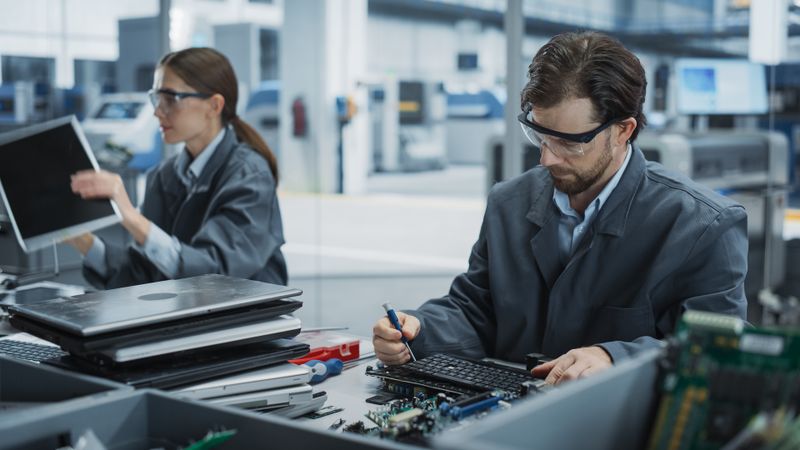 Male And Female Workers Taking Apart Old Laptops To Recycle Electronic Components For Microchip Production At Modern Electronics Factory.