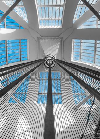 Geometric staircase and glass roof in a modern building. Look up. Library of Strasbourg.