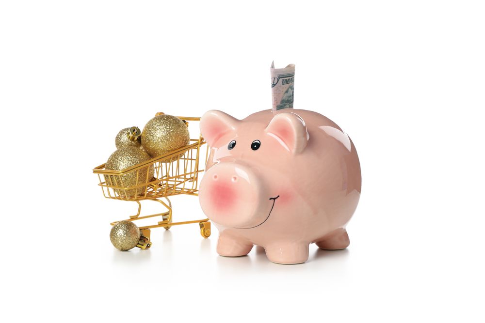 Concept of Christmas finance with piggy bank, isolated on light background