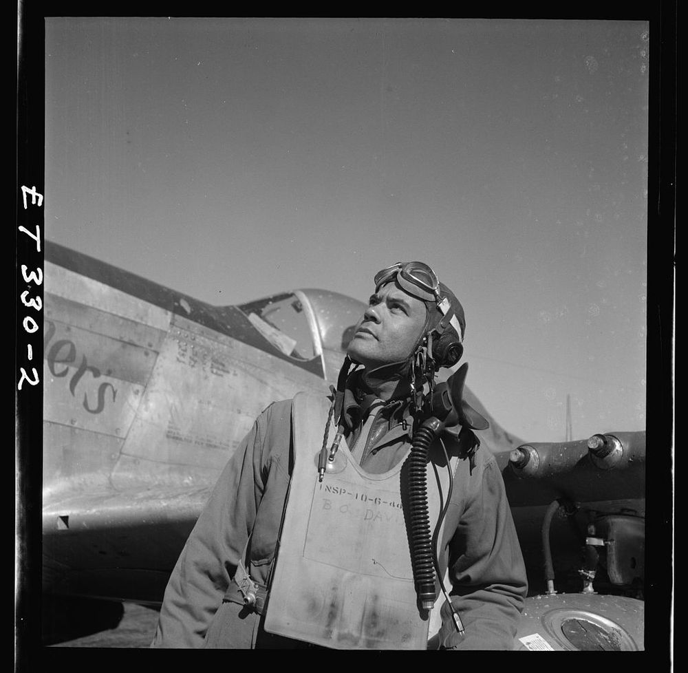 Col. Benjamin O. Davis with aircraft at segregated base in Ramitelli, Italy