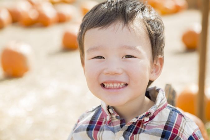 Young Boy Having Fun at the Pumpkin Patch
